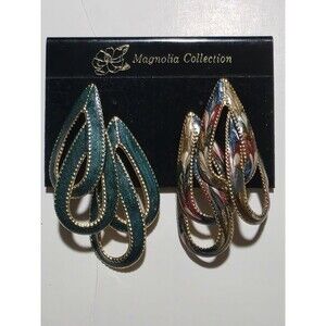 2 Pairs Vintage Double Teardrop Green/Multi Swirl Paint Gold-tone Post Earrings